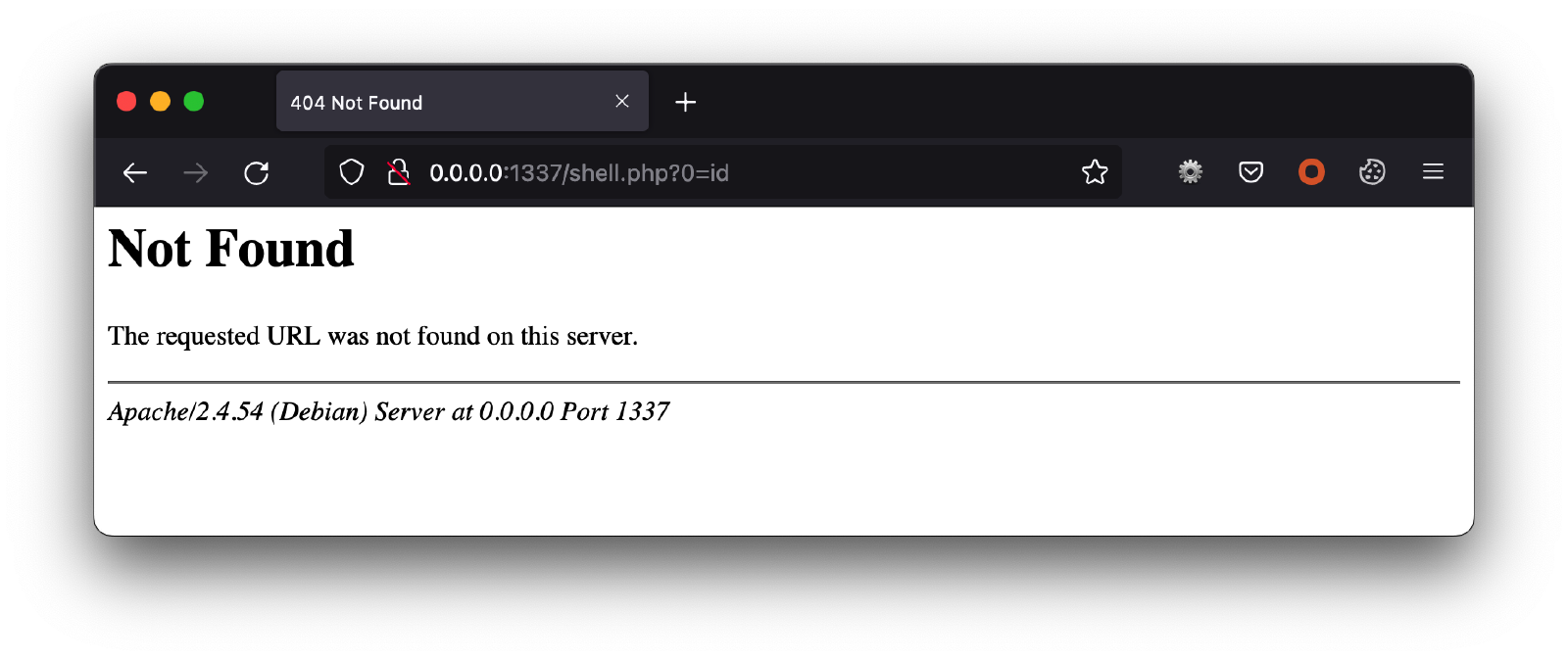 Firefox showing Apache’s 404 Not Found page for 0.0.0.0:1337/shell.php?0=id.