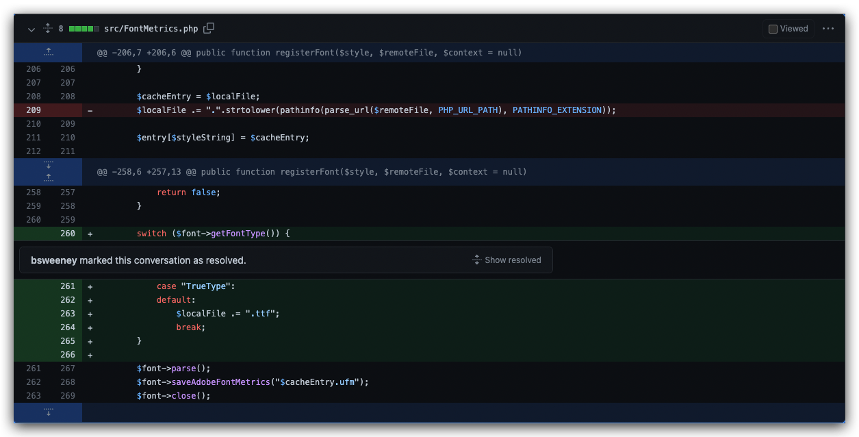GitHub diff of src/FontMetrics.php in registerFont(): a removed line appended the remote file’s own extension to the cached font’s name; an added switch on the font’s type appends .ttf instead.