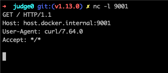A terminal running nc -l 9001 receives a GET / request from curl/7.64.0, with the Host header host.docker.internal:9001.