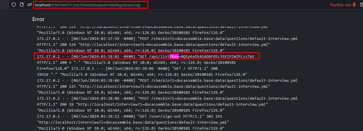 Docassemble error page at localhost/interview?i=/usr/share/docassemble/log/access.log, showing access log entries; one, highlighted, is a GET request for /api/list?key=NQEp6xD54OdGNF8Sc3tKlPZmIPLzs7W2.