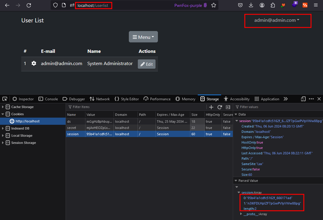 Docassemble’s User List page, signed in as admin@admin.com, with the browser’s storage inspector showing the session cookie from the API response.