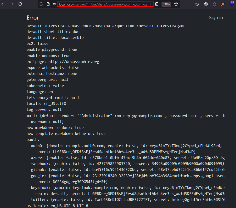 Docassemble error page at localhost/interview?i=/usr/share/docassemble/config/config.yml, showing the configuration, including OAuth IDs and secrets for Auth0, Azure, Facebook, GitHub, Google, Keycloak and Twitter.