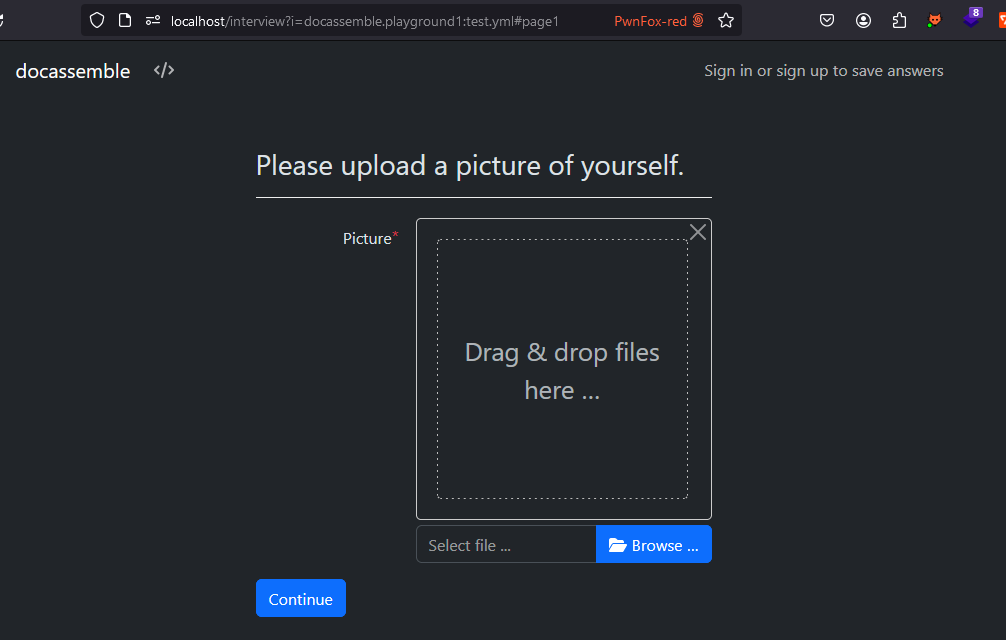 The interview’s file upload page: “Please upload a picture of yourself.”, with a Picture field to drag and drop or browse for a file.