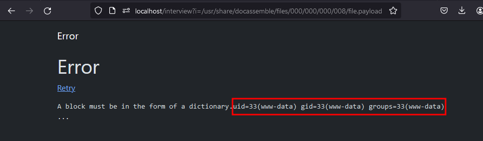 Docassemble error page at localhost/interview?i=/usr/share/docassemble/files/000/000/000/008/file.payload, showing the output of id: uid=33(www-data) gid=33(www-data) groups=33(www-data).