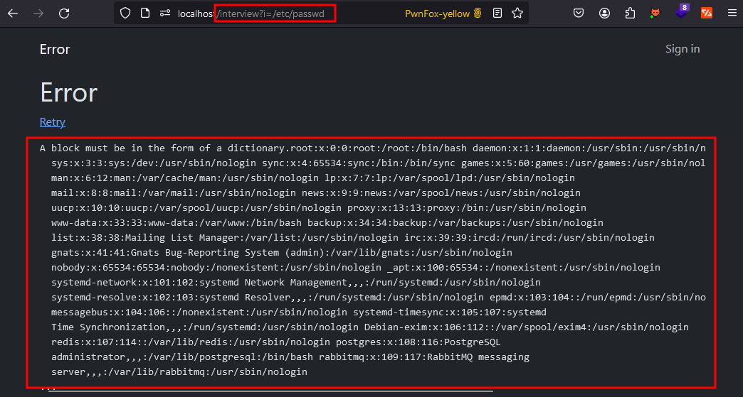 Docassemble error page at localhost/interview?i=/etc/passwd, showing the contents of /etc/passwd after “A block must be in the form of a dictionary.”