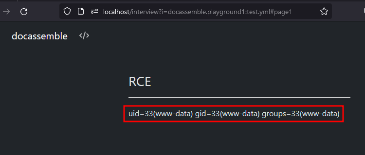 The interview page titled “RCE”, showing the output of id: uid=33(www-data) gid=33(www-data) groups=33(www-data).