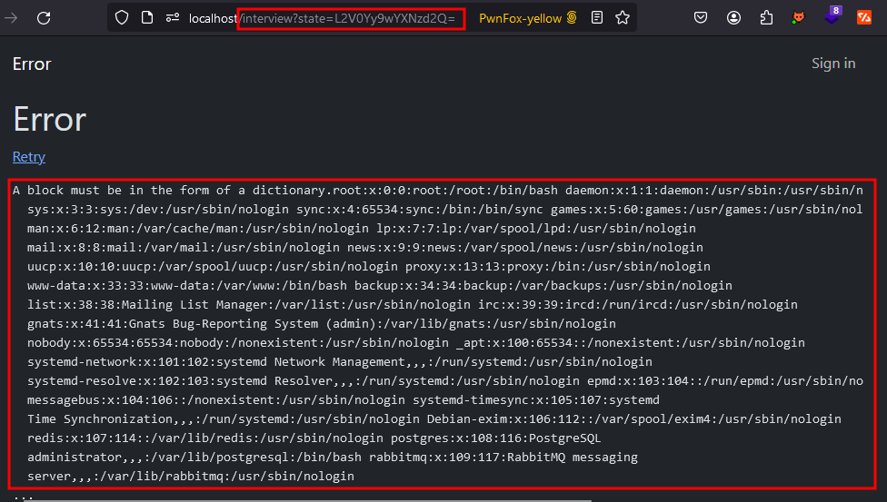 Docassemble error page at localhost/interview?state=L2V0Yy9wYXNzd2Q=, showing the same contents of /etc/passwd.