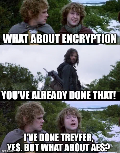 Three-panel Lord of the Rings meme: Pippin asks “What about encryption?”, Aragorn answers “You’ve already done that!”, and Pippin replies “I’ve done Treyfer, yes. But what about AES?”