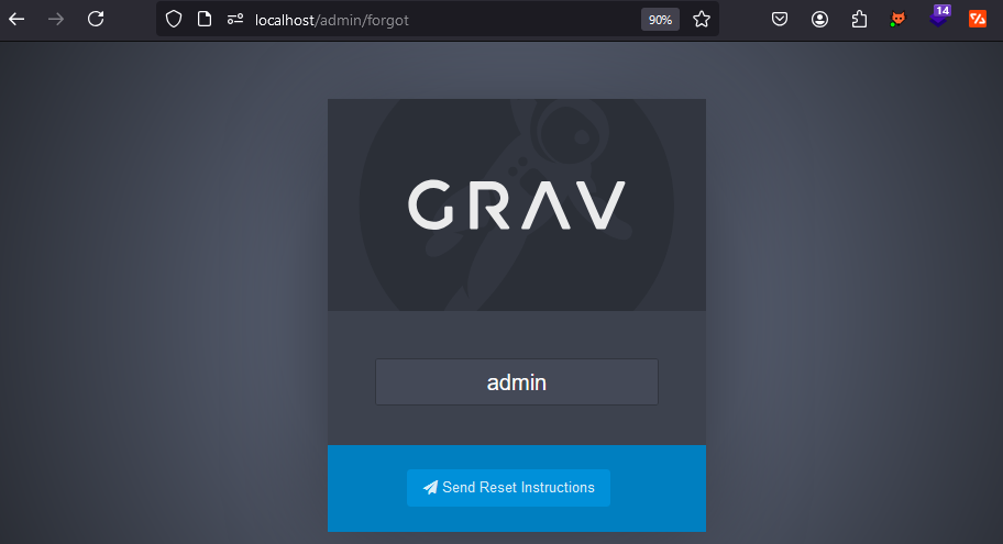 Grav’s password reset page at localhost/admin/forgot, with the username admin entered above a Send Reset Instructions button.