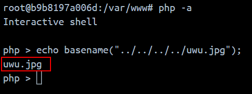PHP’s interactive shell: basename of ../../../../uwu.jpg prints uwu.jpg, highlighted.