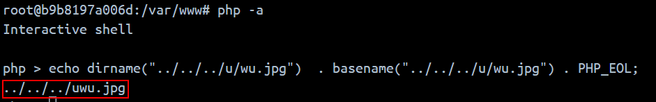 PHP’s interactive shell: dirname and basename of ../../../u/wu.jpg, concatenated, print ../../../uwu.jpg, highlighted.