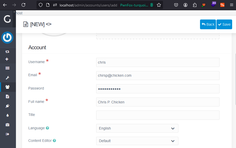 Grav’s new account form at localhost/admin/accounts/users/:add with the username chris, email chirsp@chicken.com, a password, and the full name Chris P. Chicken.
