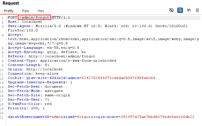 Burp Suite: the password reset request, a POST to /admin/forgot, highlighted, sending the username admin.