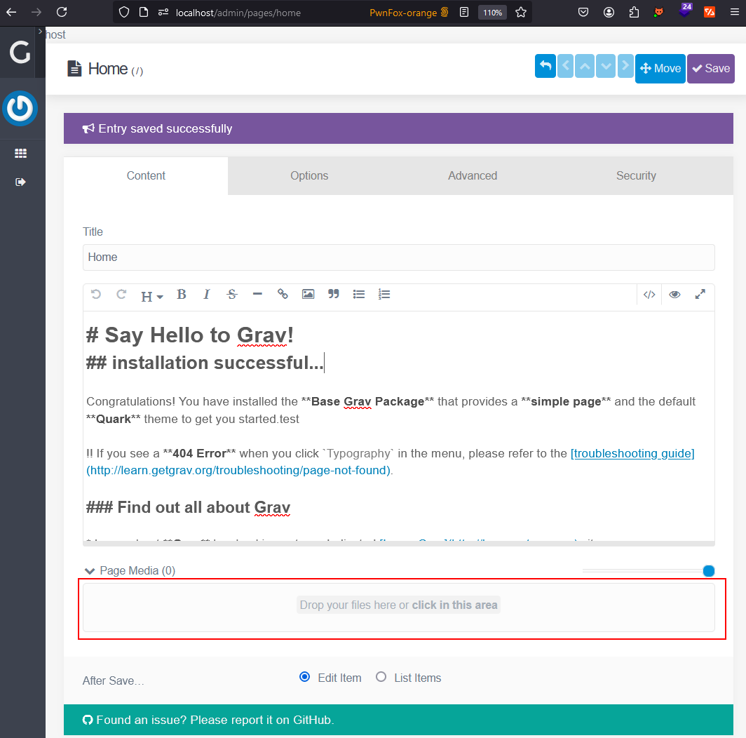 Grav’s page editor for the Home page, with its Page Media area, “Drop your files here or click in this area”, highlighted.