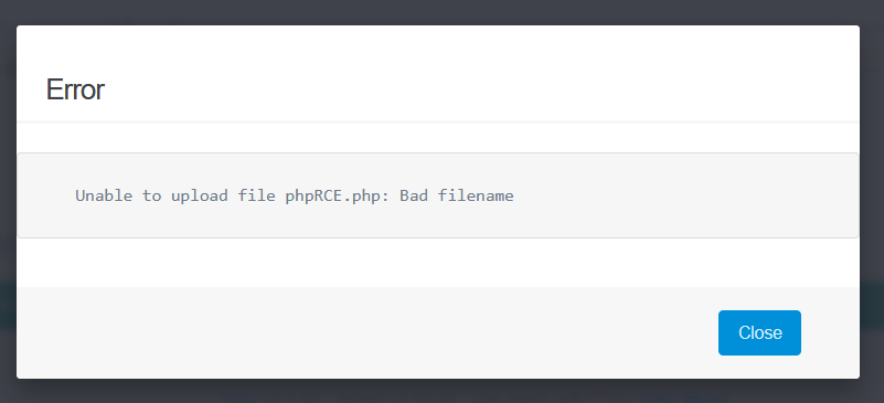 Grav’s error dialog: “Unable to upload file phpRCE.php: Bad filename”.