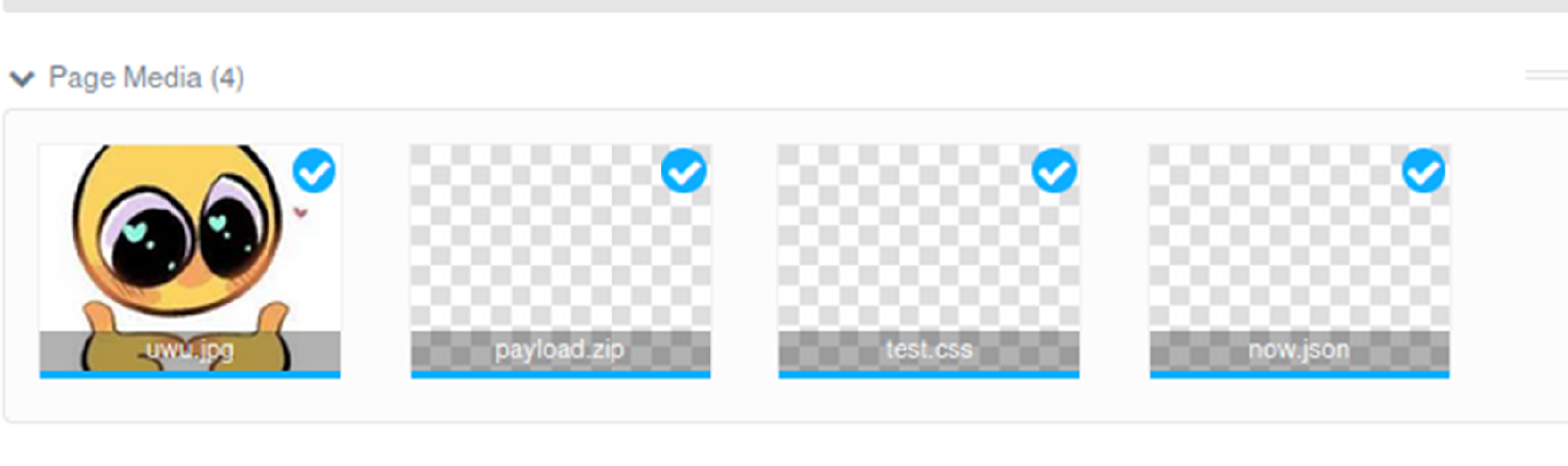 Grav’s Page Media area, holding four uploads: uwu.jpg, payload.zip, test.css and now.json.