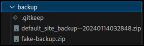 Grav’s backup folder, holding .gitkeep, default_site_backup–20240114032848.zip and fake-backup.zip.