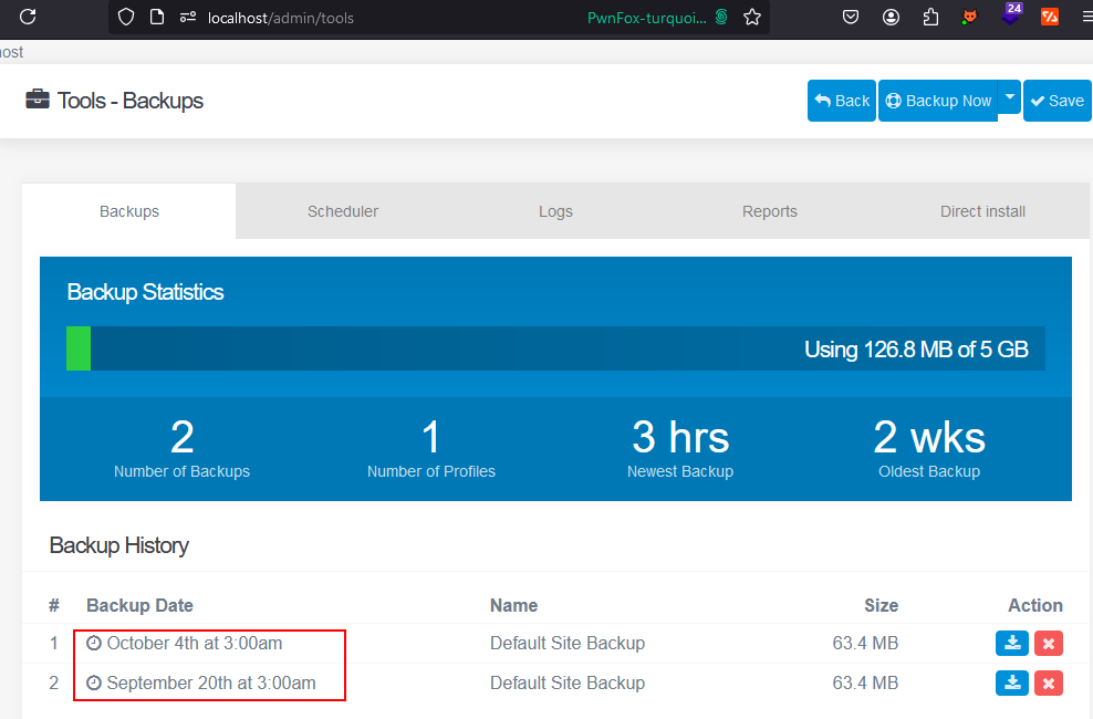 Grav’s Tools - Backups page: its backup history lists two Default Site Backups, dated October 4th and September 20th at 3:00am, highlighted.