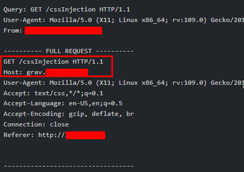 The attacker’s server logs a GET request for /cssInjection (addresses redacted), highlighted.