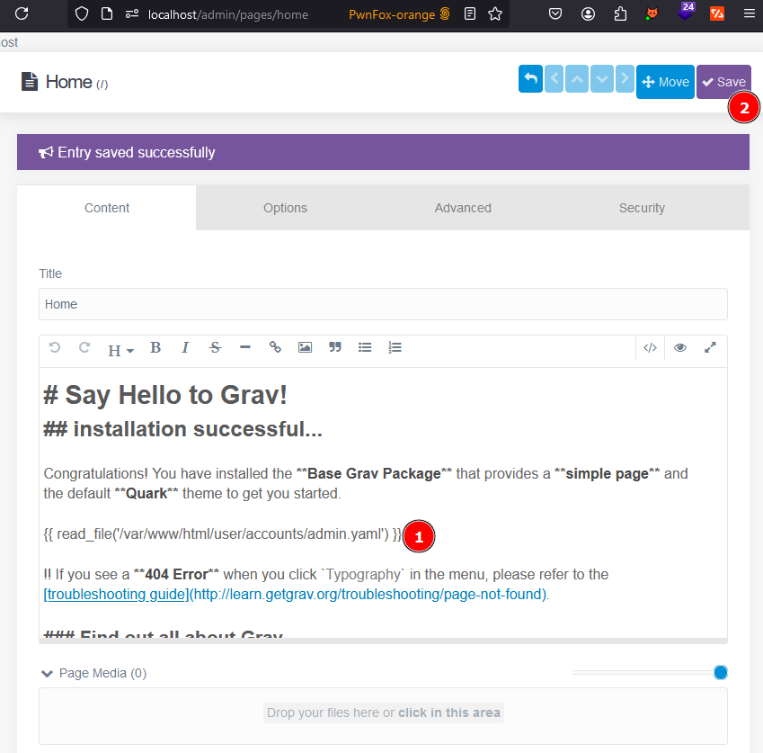 Grav’s page editor for the Home page, as Chris: the content holds the payload, read_file of /var/www/html/user/accounts/admin.yaml, marked 1, and the Save button is marked 2.