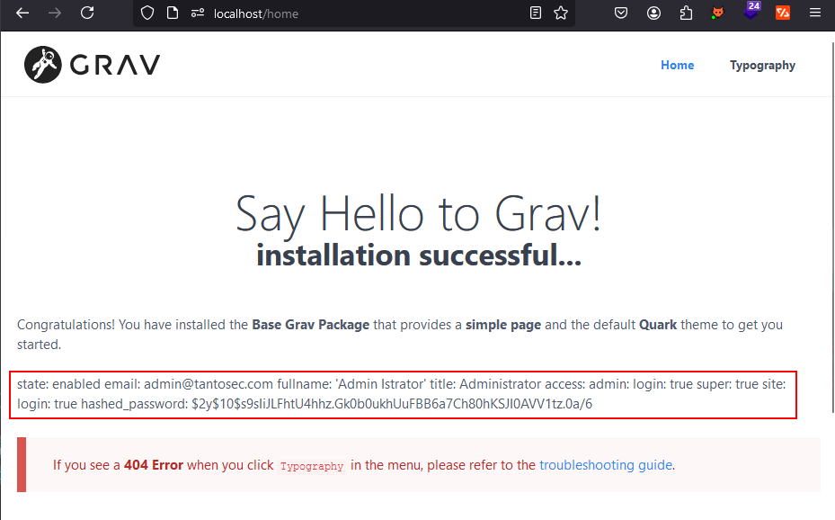 Grav’s Home page at localhost/home, now showing the contents of the admin account’s file, highlighted, including its hashed_password.