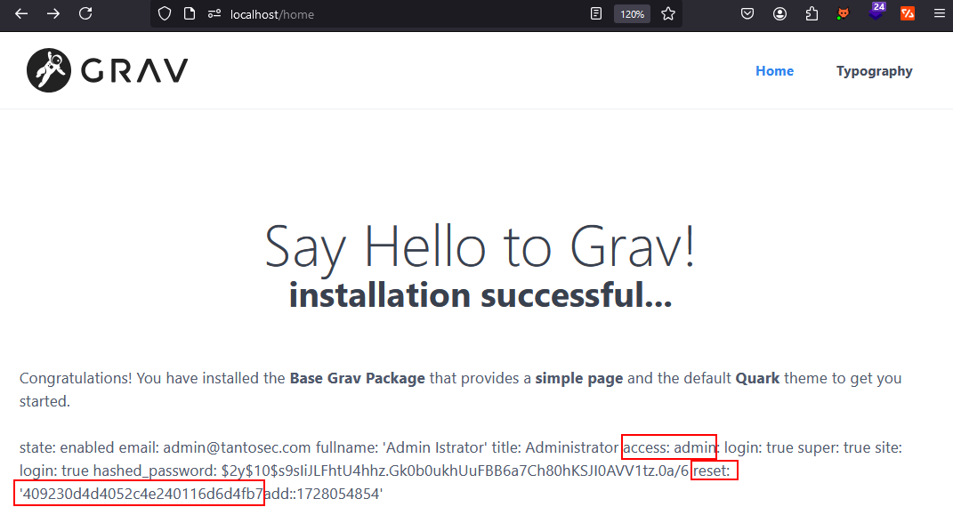 The Home page again, now showing the admin account’s file with a reset entry holding a token, highlighted.