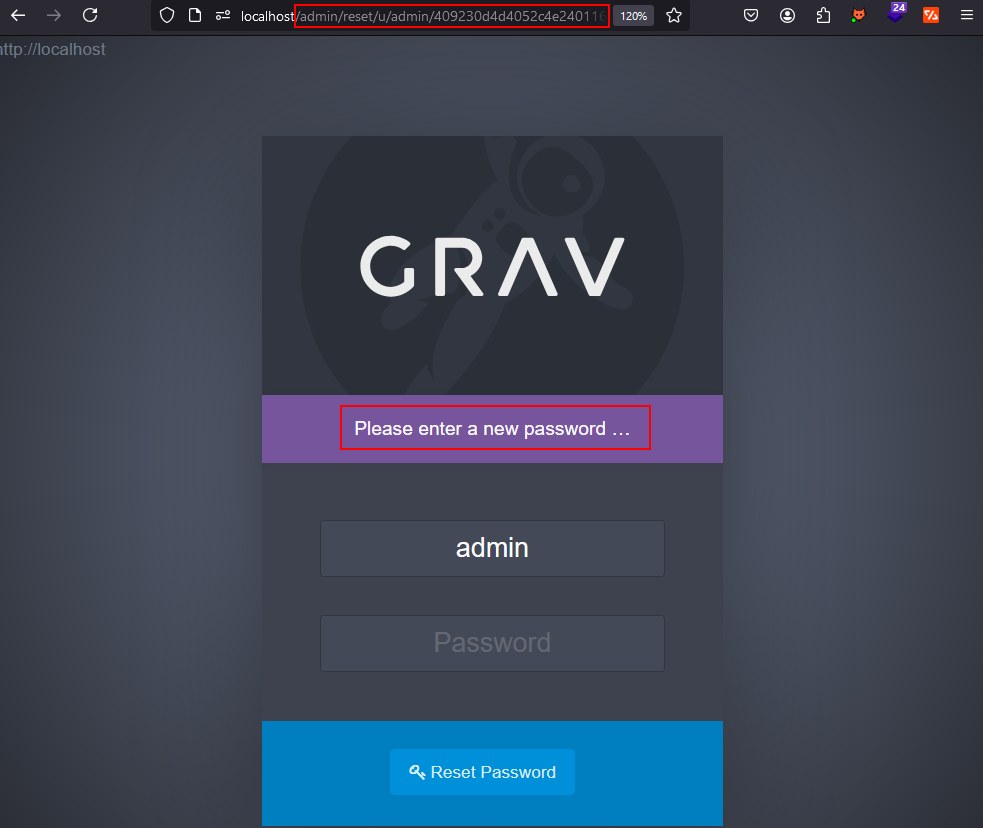 Grav’s reset form, opened at localhost/admin/reset/u/admin/ with the stolen token, highlighted, prompting “Please enter a new password …”, highlighted.