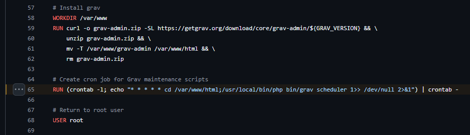 Grav’s official Dockerfile, line 65 highlighted: a step that adds a crontab entry to run bin/grav scheduler every minute.