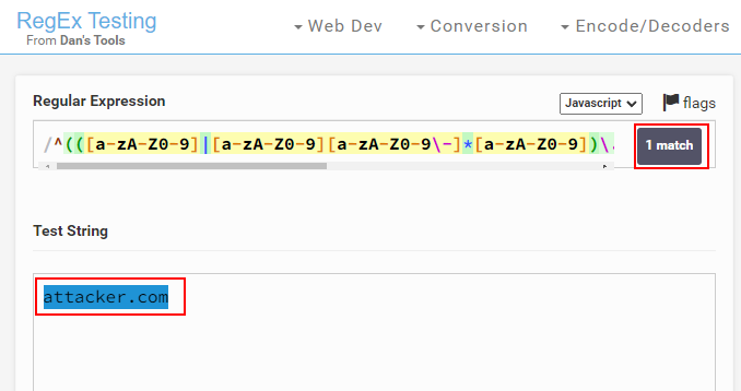 A regex tester: the start of Grav’s hostname pattern, reporting 1 match against the test string attacker.com, both highlighted.