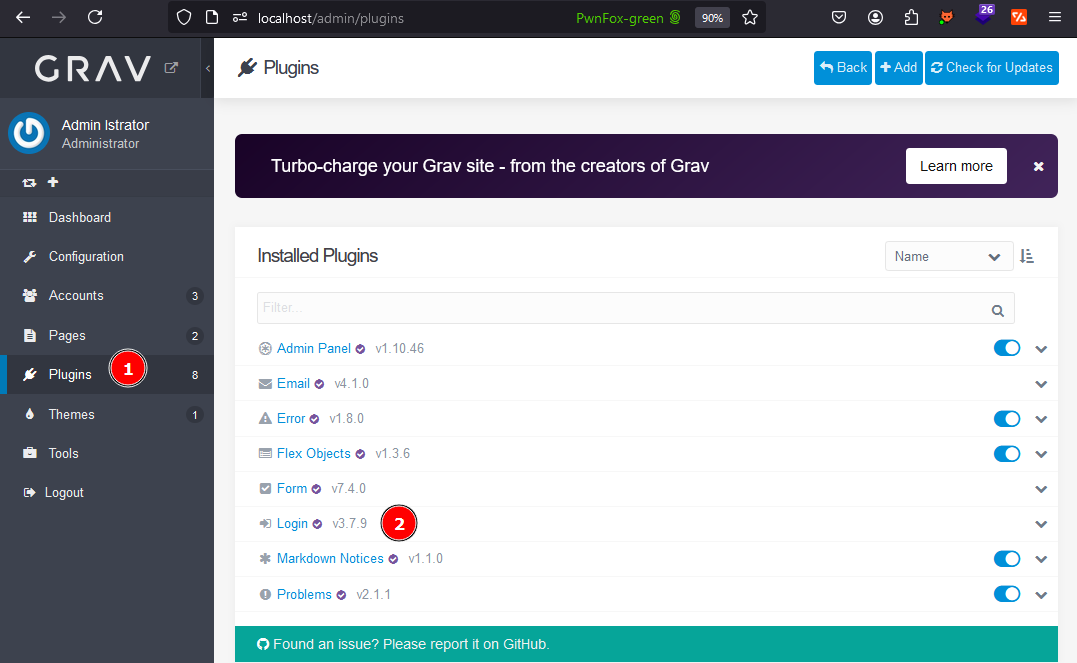 Grav’s admin Plugins page: Plugins in the sidebar, marked 1, and the Login plugin in the list of installed plugins, marked 2.