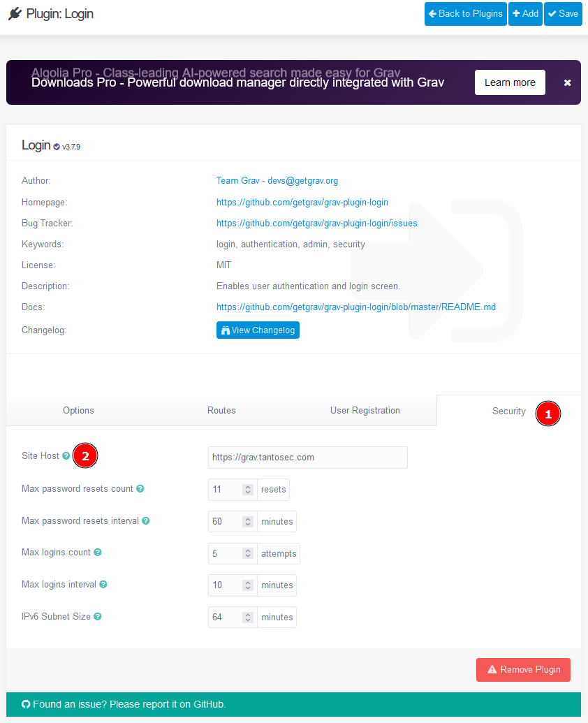 The Login plugin’s settings: the Security tab, marked 1, and its Site Host setting, marked 2, set to https://grav.tantosec.com.