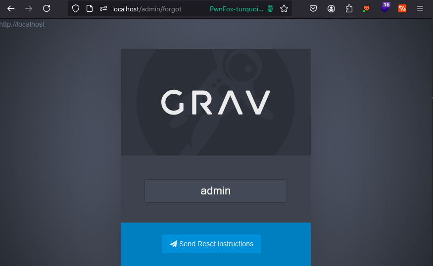 Grav’s password reset page at localhost/admin/forgot, with the username admin entered above a Send Reset Instructions button.