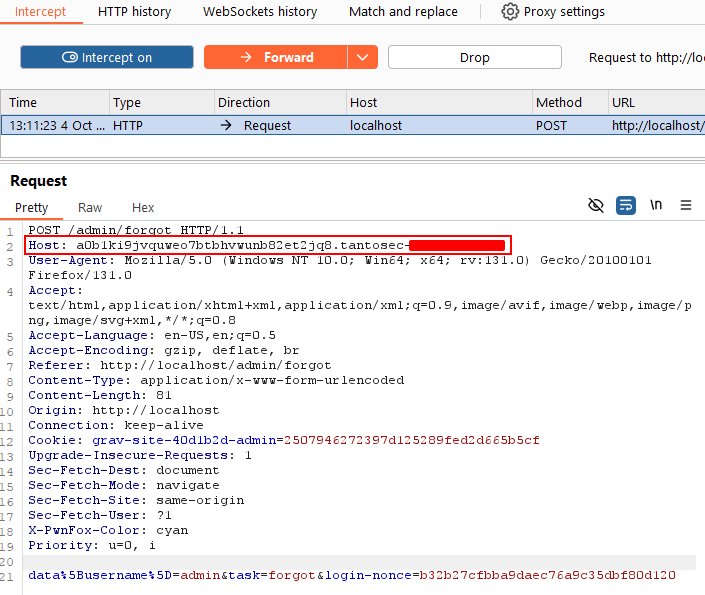 Burp Suite intercepting the password reset request, its Host header, highlighted, changed to a Burp Collaborator domain (partly redacted).