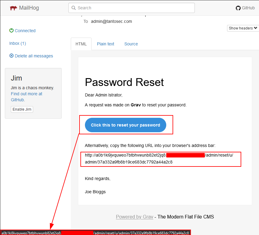 MailHog: the password reset email to admin@tantosec.com, whose reset button and link, highlighted, point to the Collaborator domain (partly redacted), followed by /admin/reset/u/admin/ and the token.