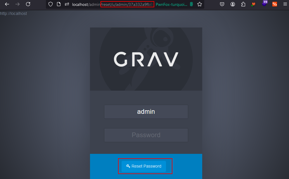 Grav’s reset form, opened at localhost/admin/reset/u/admin/ with the stolen token, highlighted, offering a new password field and a Reset Password button, highlighted.