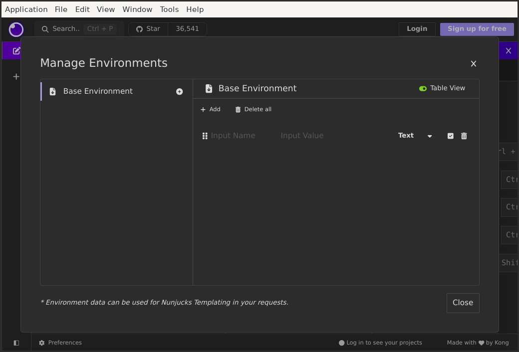 A screenshot of Insomnia’s environment editing screen. It is blank, but it provides the opportunity to add “Name” and “Value” pairs. Down the bottom of the screen, there is text that says “Environment data can be used for Nunjucks Templating in your requests”