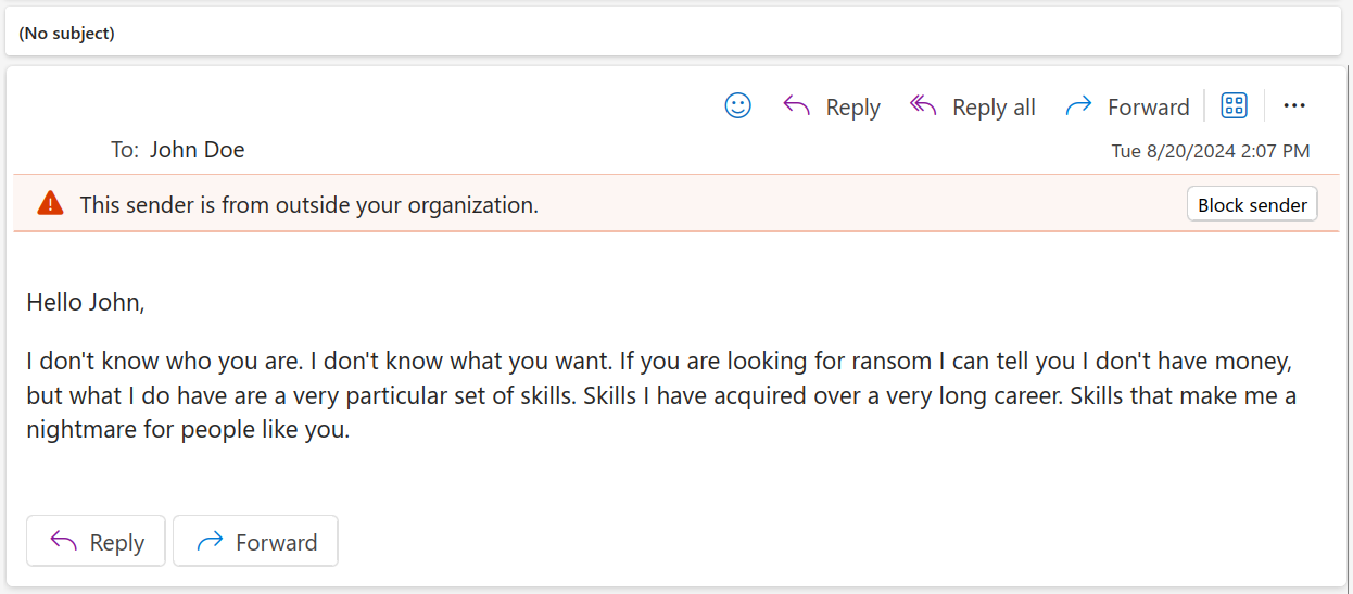Screenshot of an email with an anonymous sender.