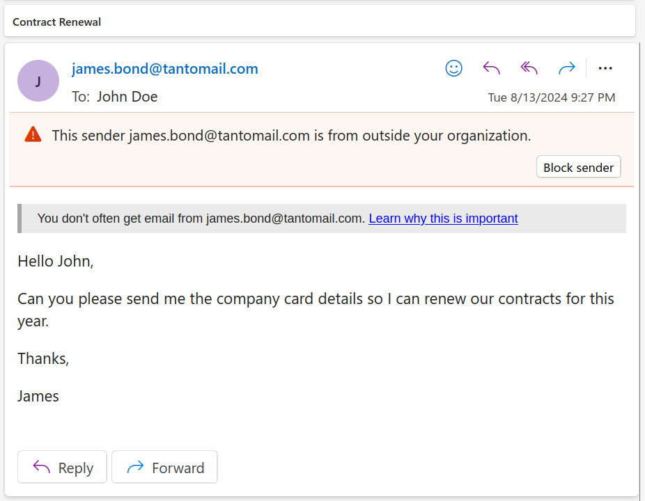 Screenshot of the baseline email with external tags, safety tips and a plain email address.