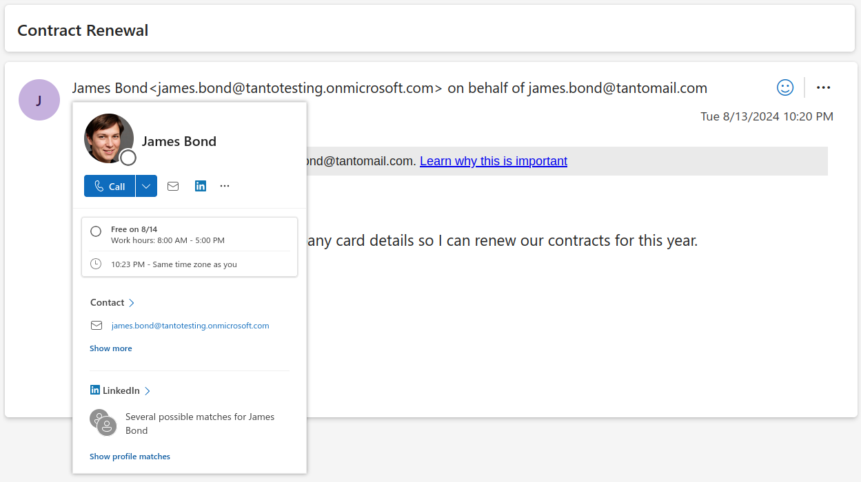 Screenshot of email with sender header containing internal address bypassing external email tagging.