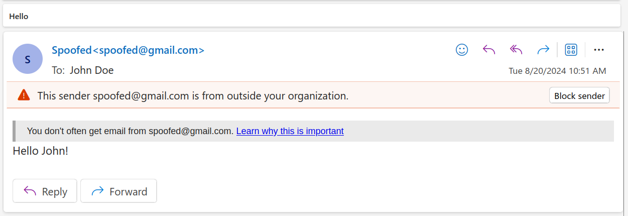 Screenshot of an email from spoofed address spoofed@gmail.com.